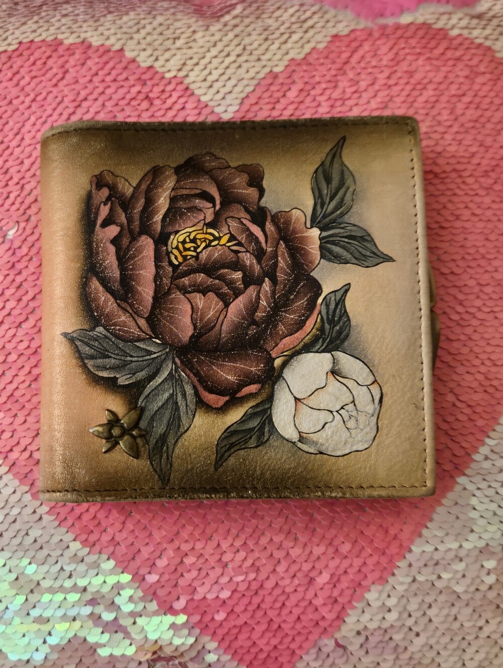 Anuschka Hand-Painted Gold and White Floral Wallet
